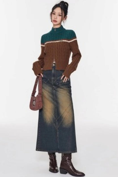 Color-Blocking Stand-Up Collar Knitted Cardigan