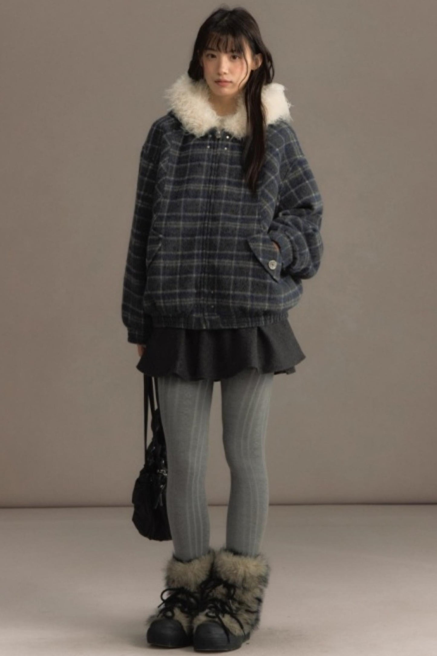 Elk Fur Collar Plaid Woolen Jacket