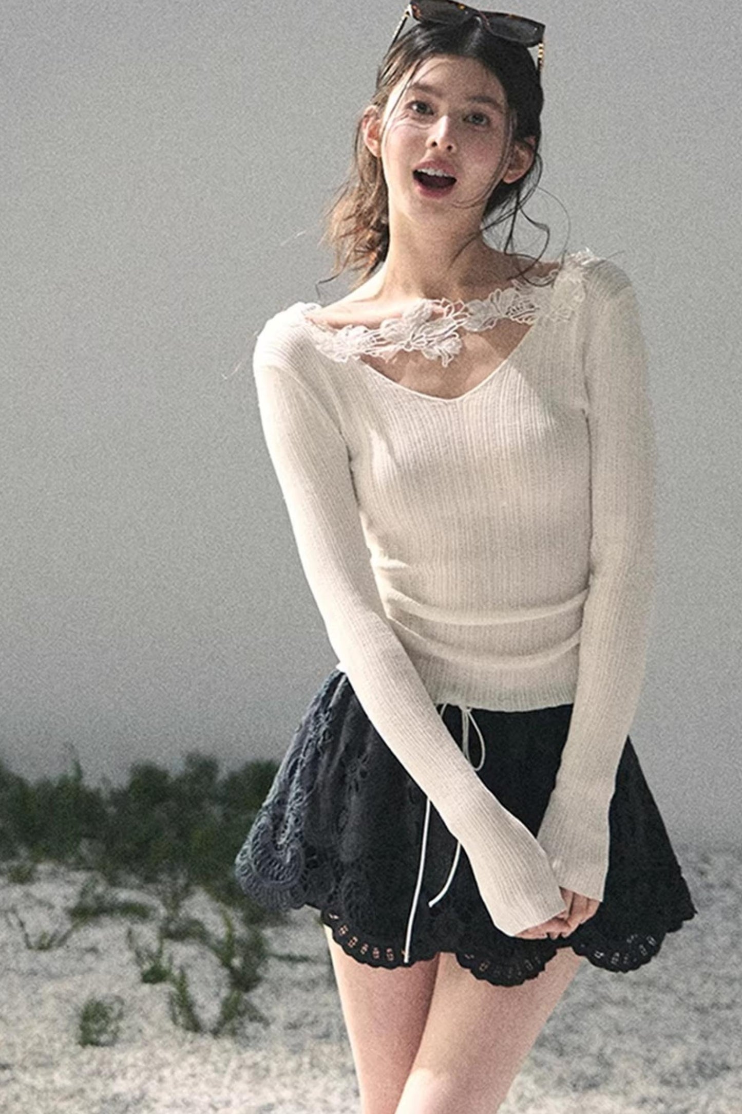 Lace-Trimmed Knitted Top
