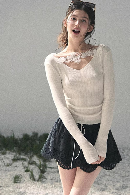 Lace-Trimmed Knitted Top