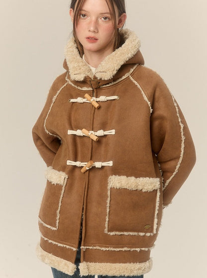 Hooded Horn Buckle Fur Jacket