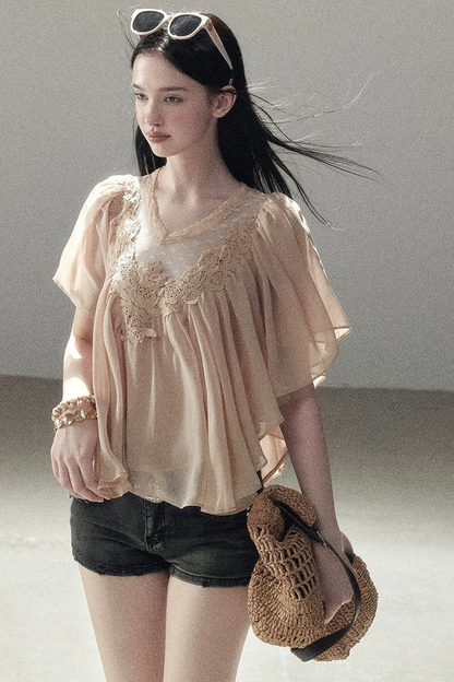 Lace Chiffon Ruffle Top