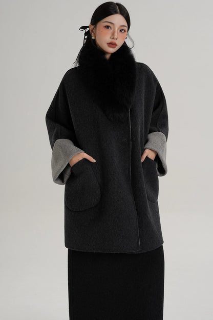 Elegant Fox Fur Collar Wool Cape Coat