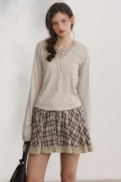 Plaid Lace Pleated Skirt