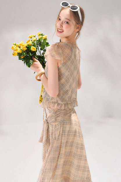 Completo a Due Pezzi Retro a Quadri in Chiffon