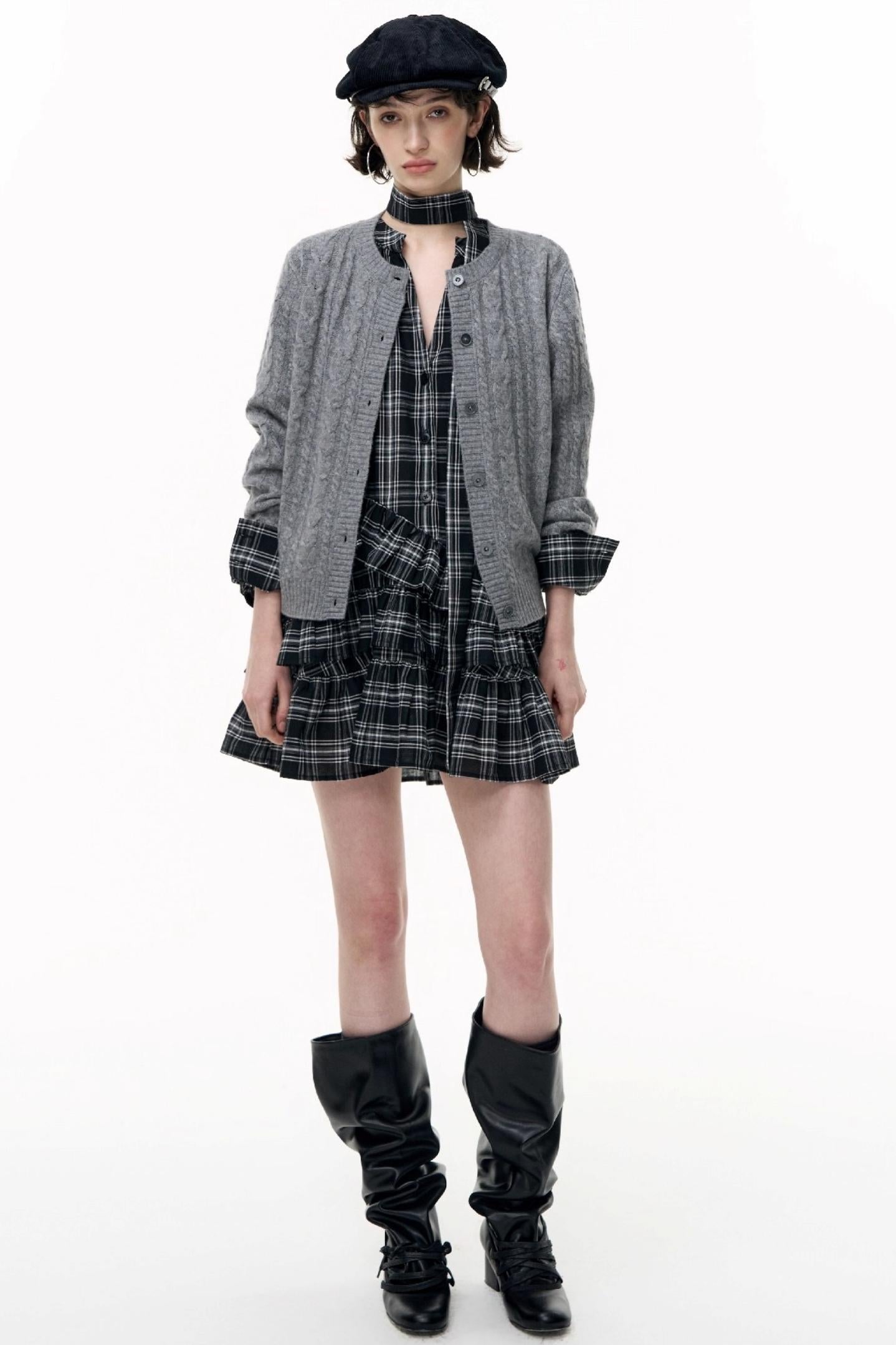 Plaid Ruffle Long Sleeve Shirt Dress