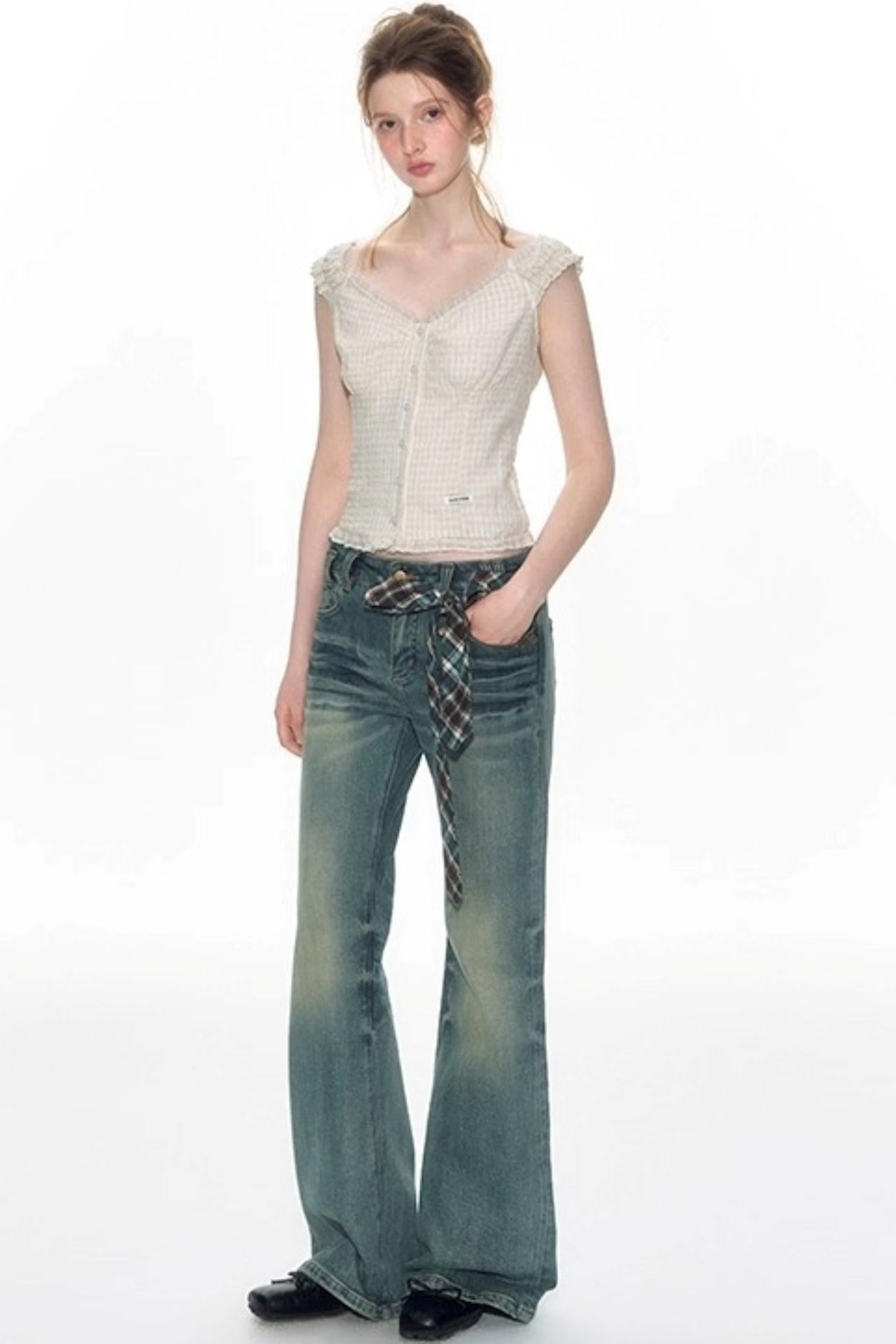 Checked Sleeveless One-Shoulder Shirt Set-Up