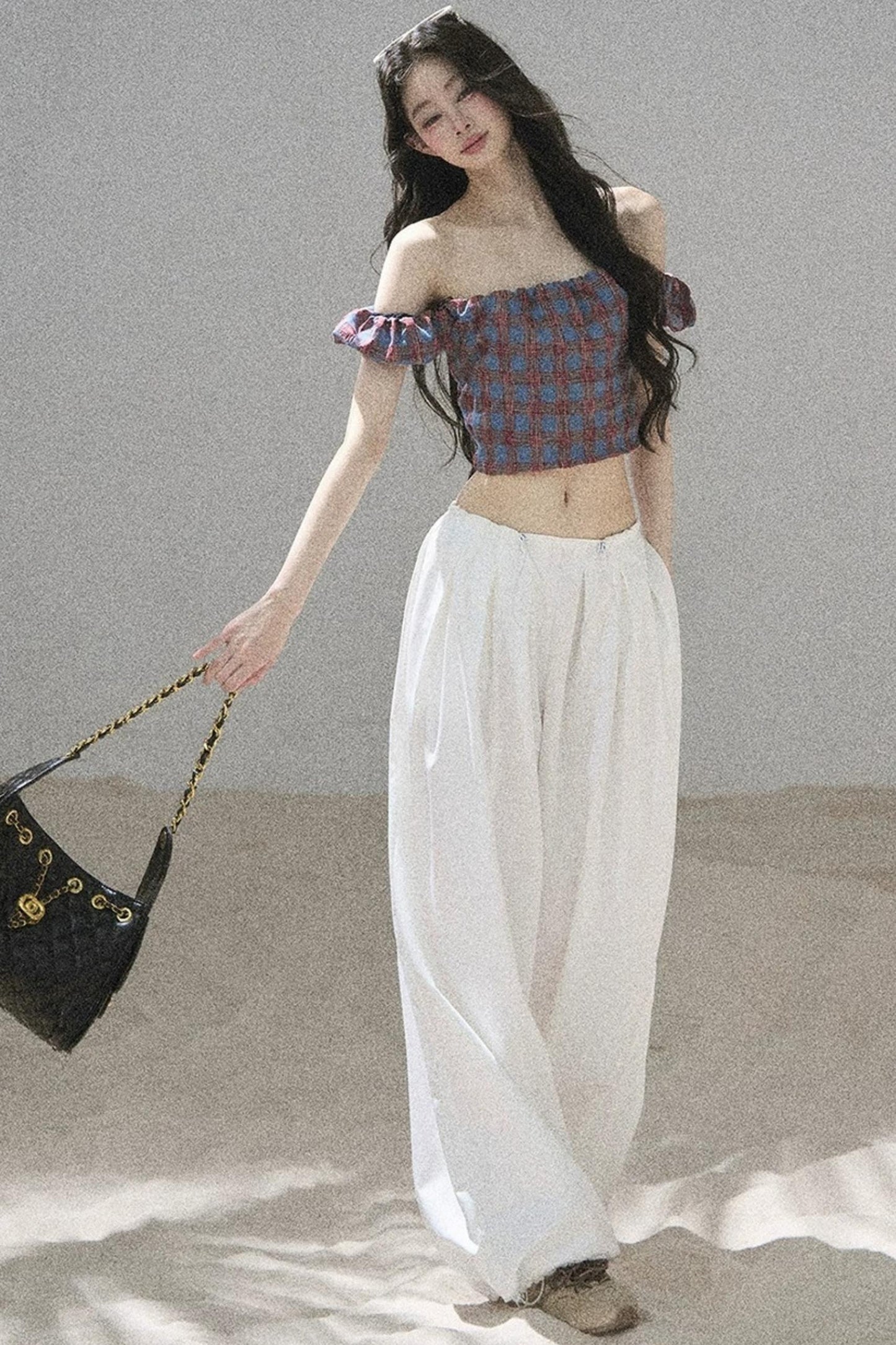 Youthful Plaid Off-Shoulder Top