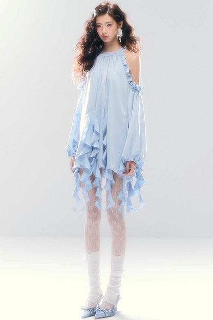 Satin Ruffled Off-Shoulder Dress