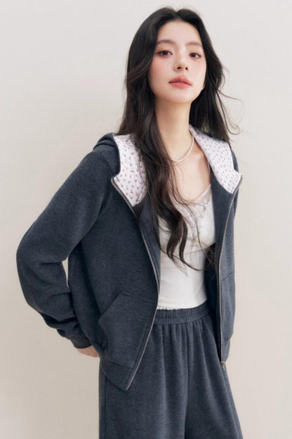 Rose Print Patchwork Hooded Jacket Set-Up