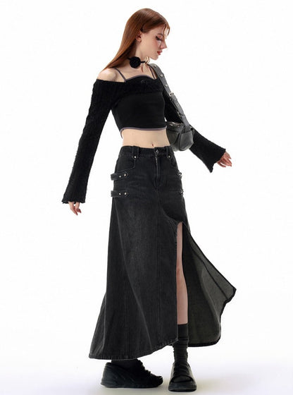 Hollow black slit denim Skirt