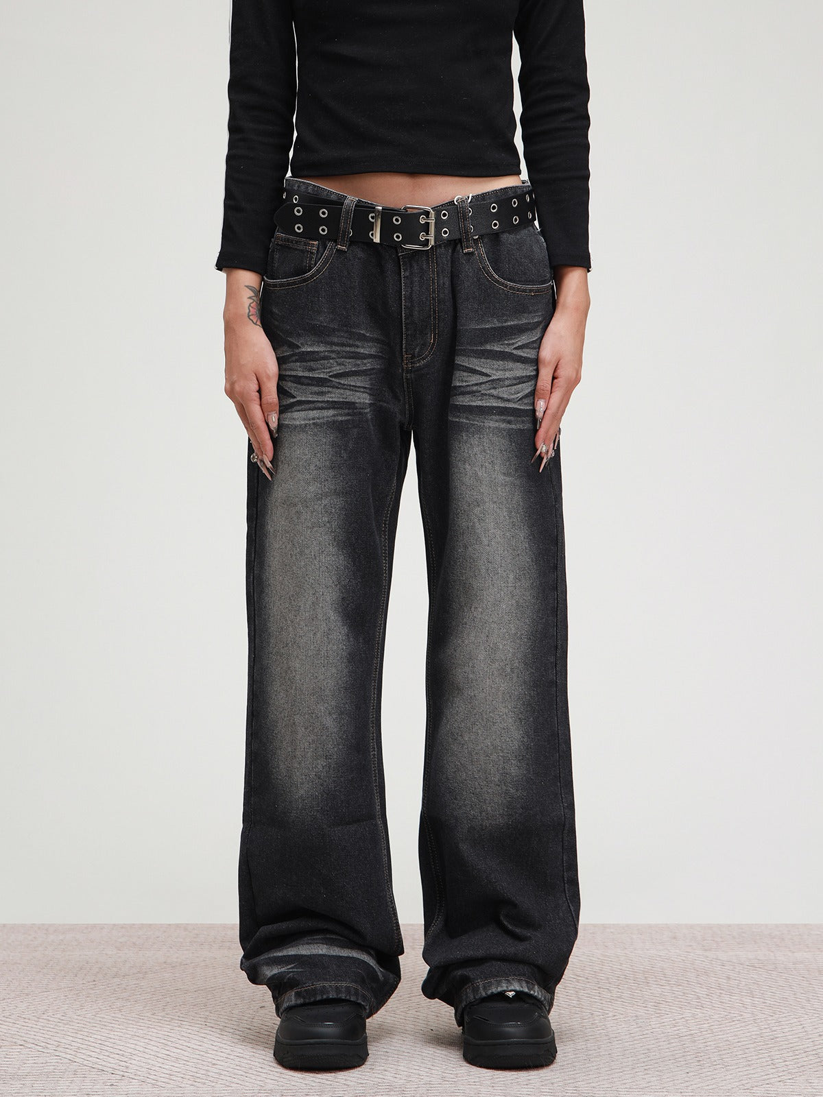 American vibe style high street wash black jeans pants