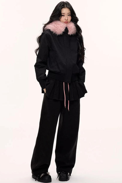 Burgundy Black Fur Collar Coat Set-Up