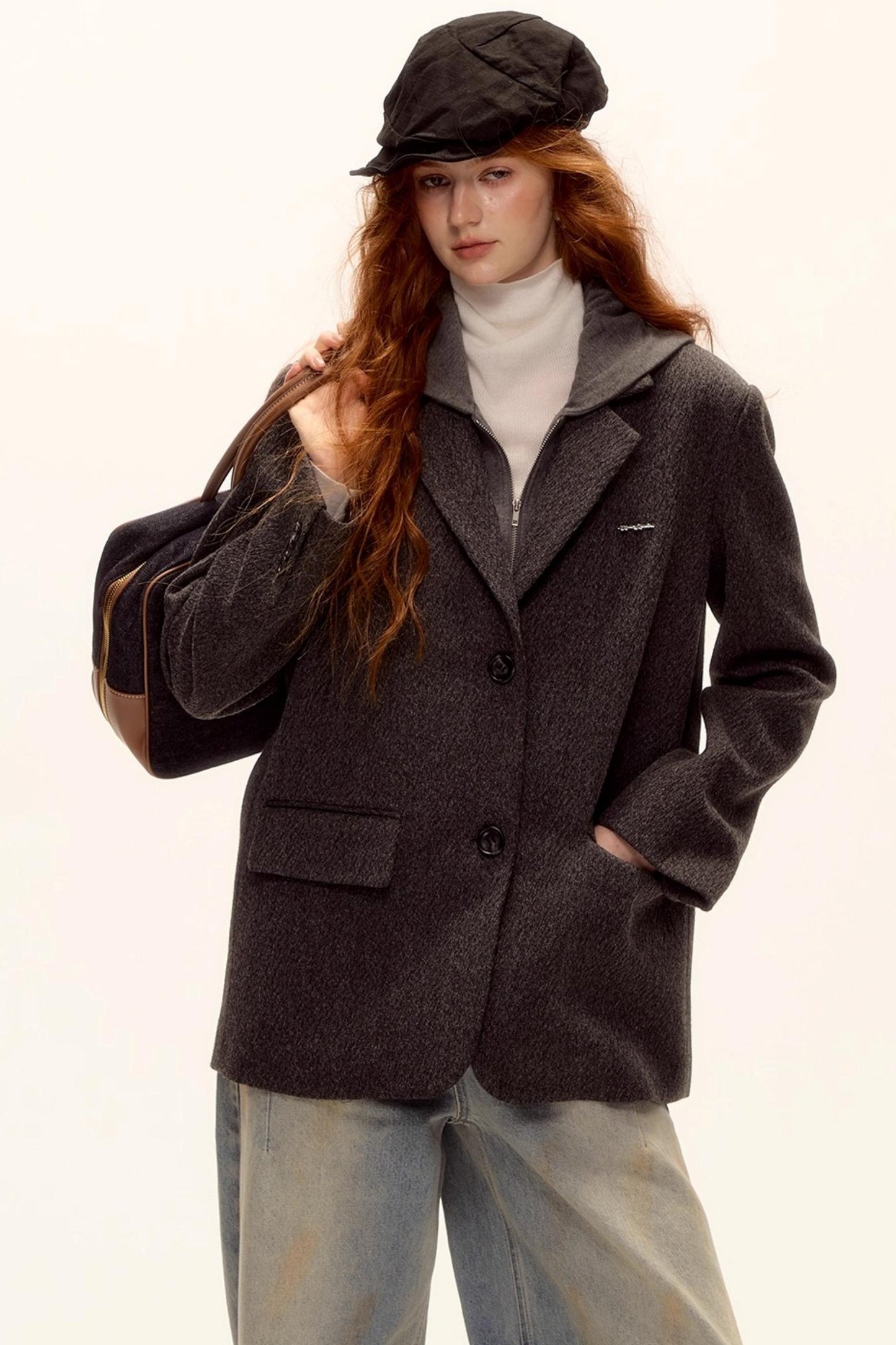 Gray Wool Hooded Blazer Jacket