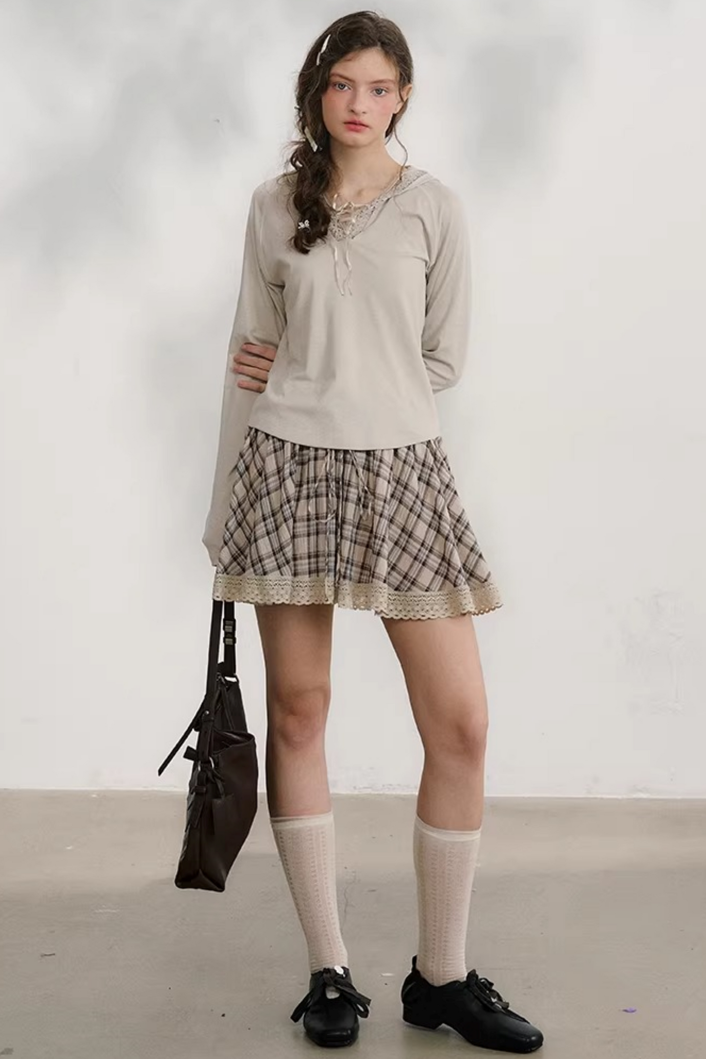 Plaid Lace Pleated Skirt