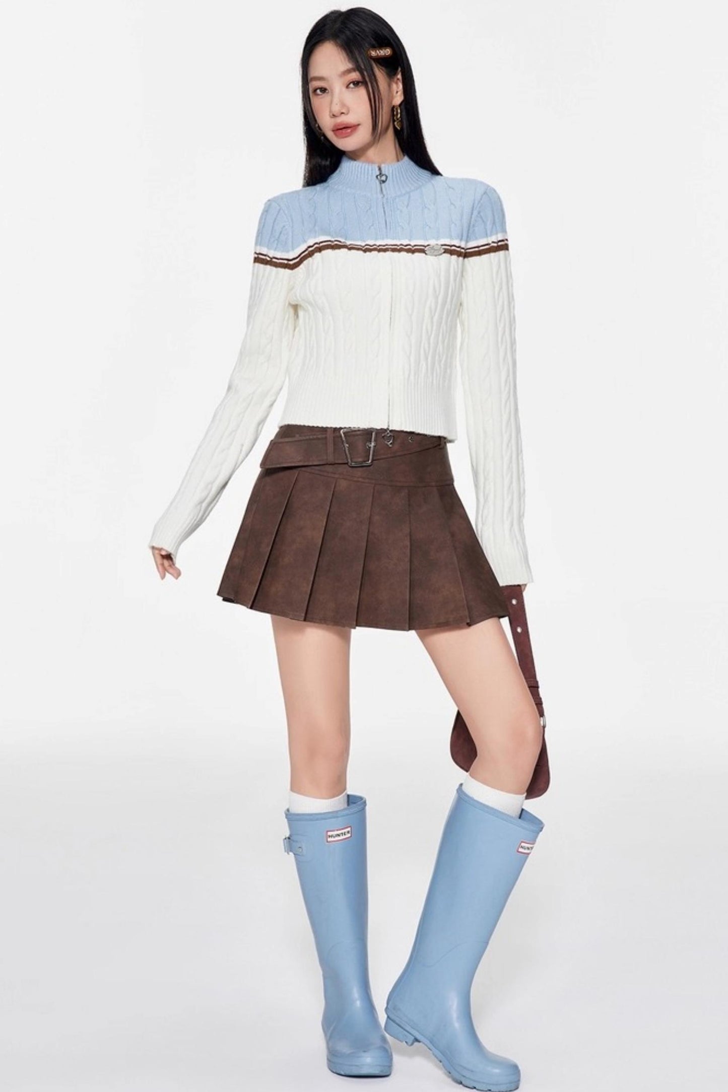 Color-Blocking Stand-Up Collar Knitted Cardigan