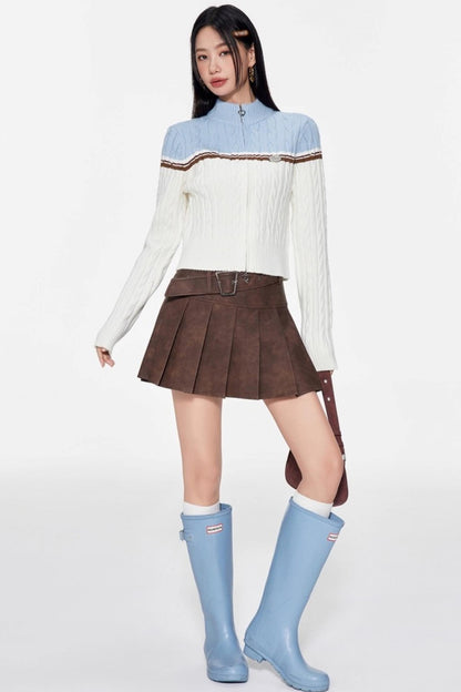 Color-Blocking Stand-Up Collar Knitted Cardigan