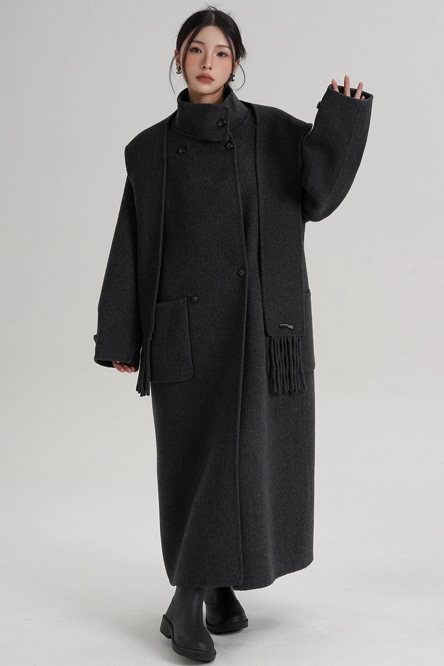 Temperament Hooded Scarf Wool Coat