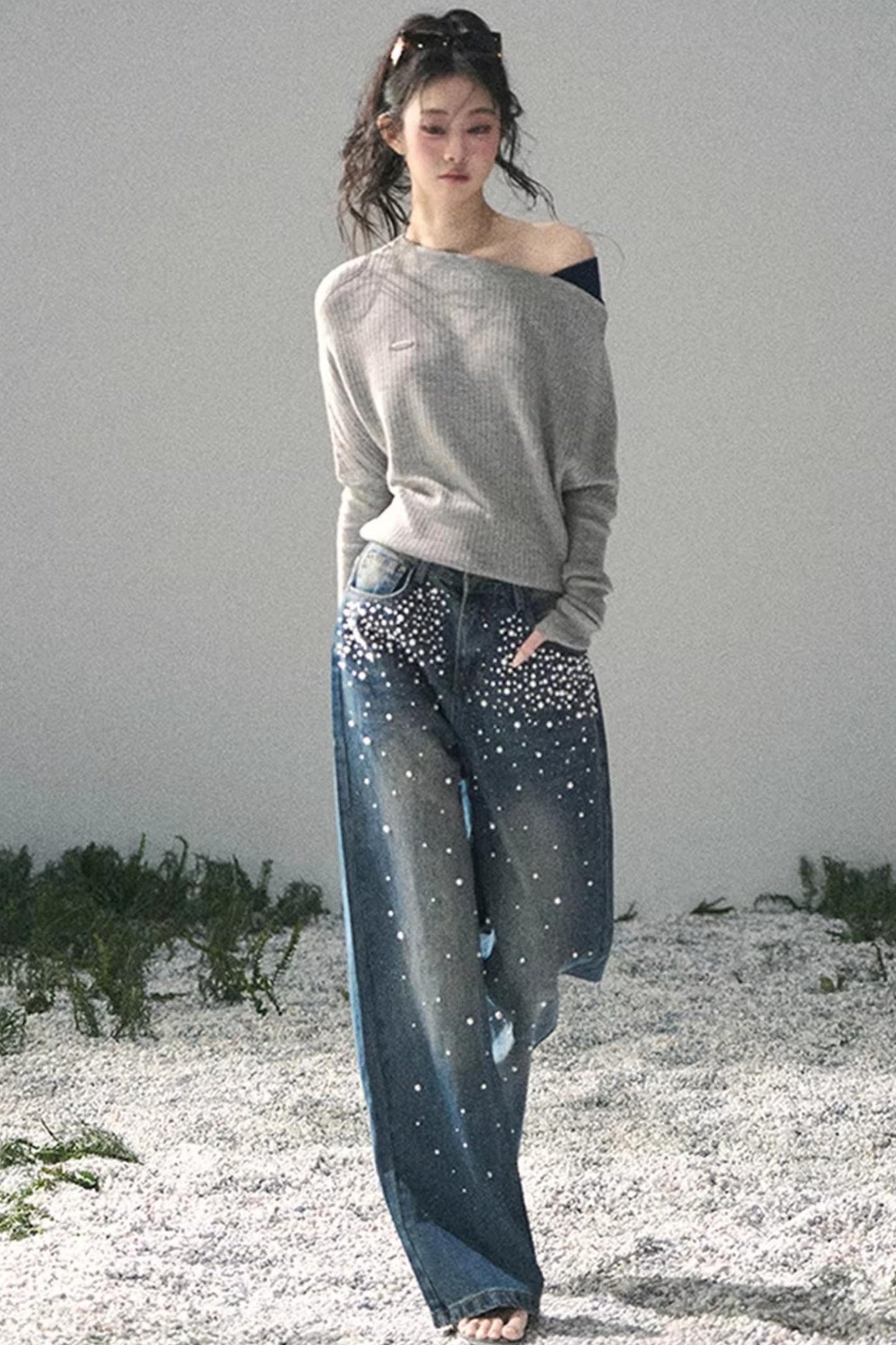 Pantalon en jean bleu clair perlé