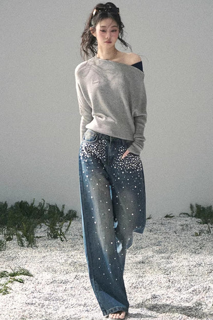 Pantalon en jean bleu clair perlé