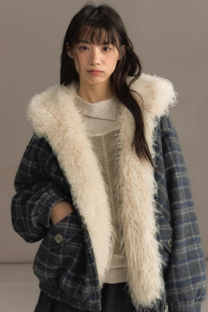 Elk Fur Collar Plaid Woolen Jacket