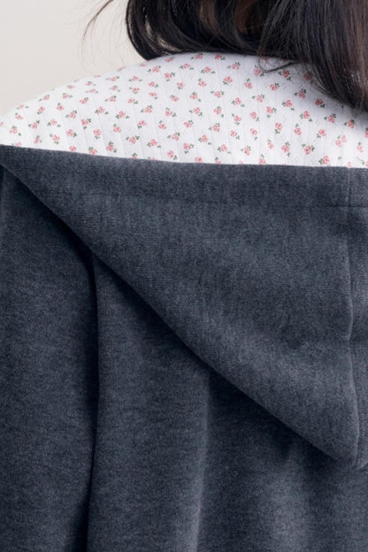 Rose Print Patchwork Hooded Jacket Set-Up