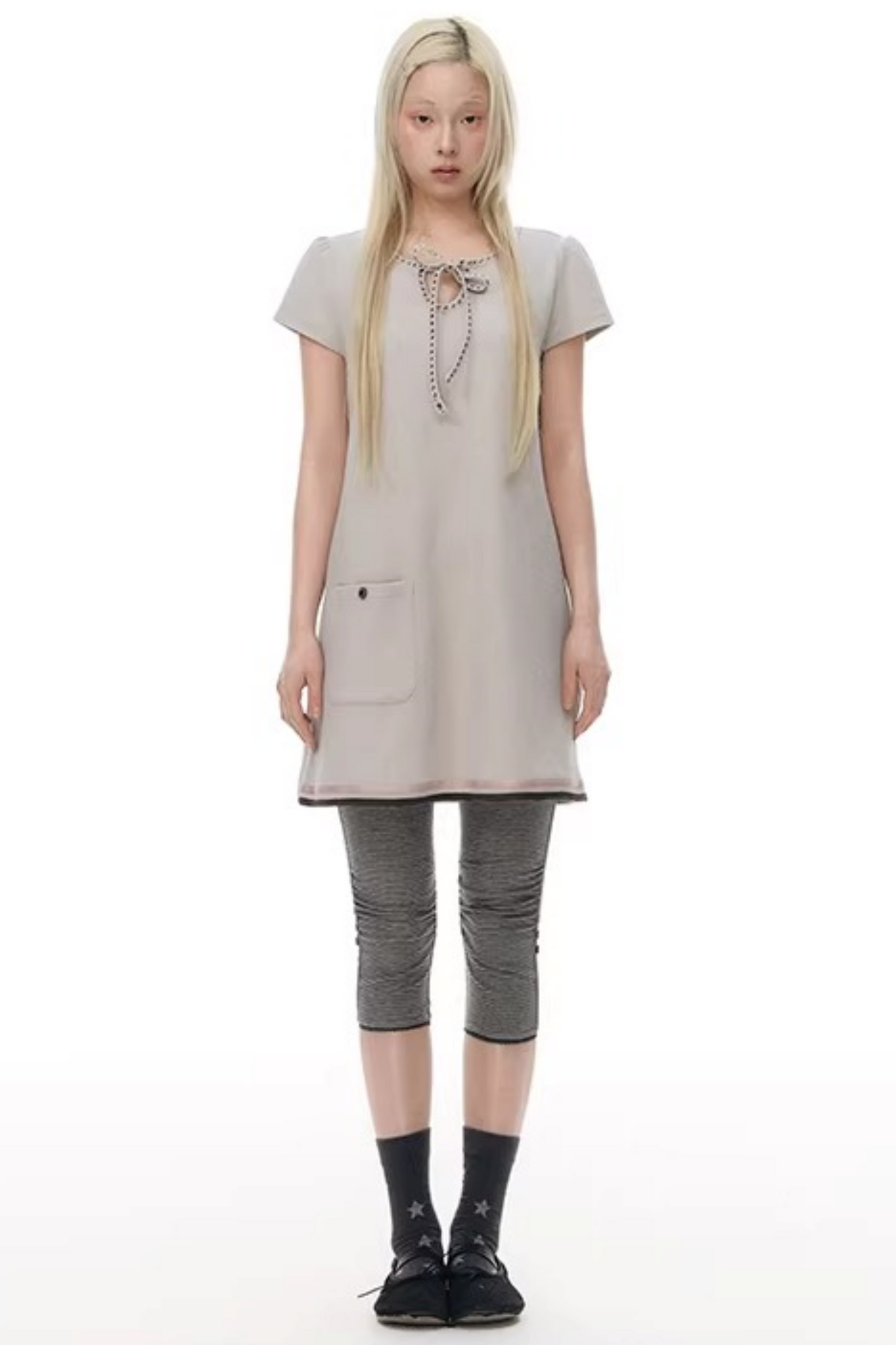 Embroidered Tie Neck Dress