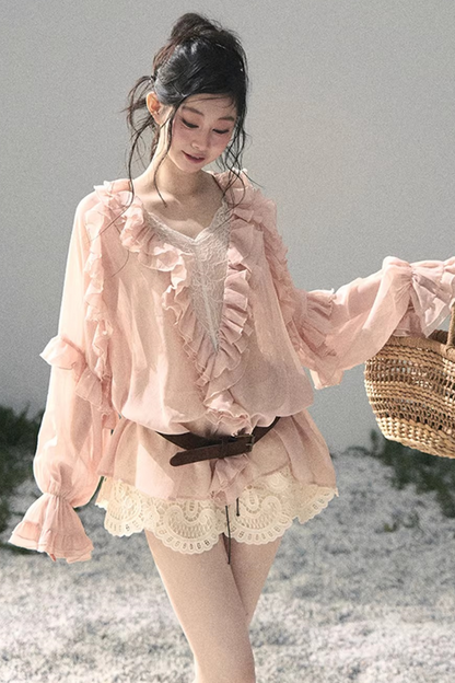Ruffled Lace Chiffon Blouse