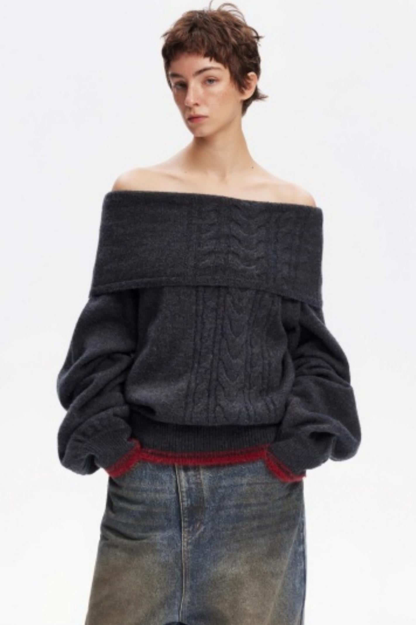 Off-Shoulder Color-Blocked Knit Sweater