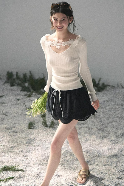 Lace-Trimmed Knitted Top