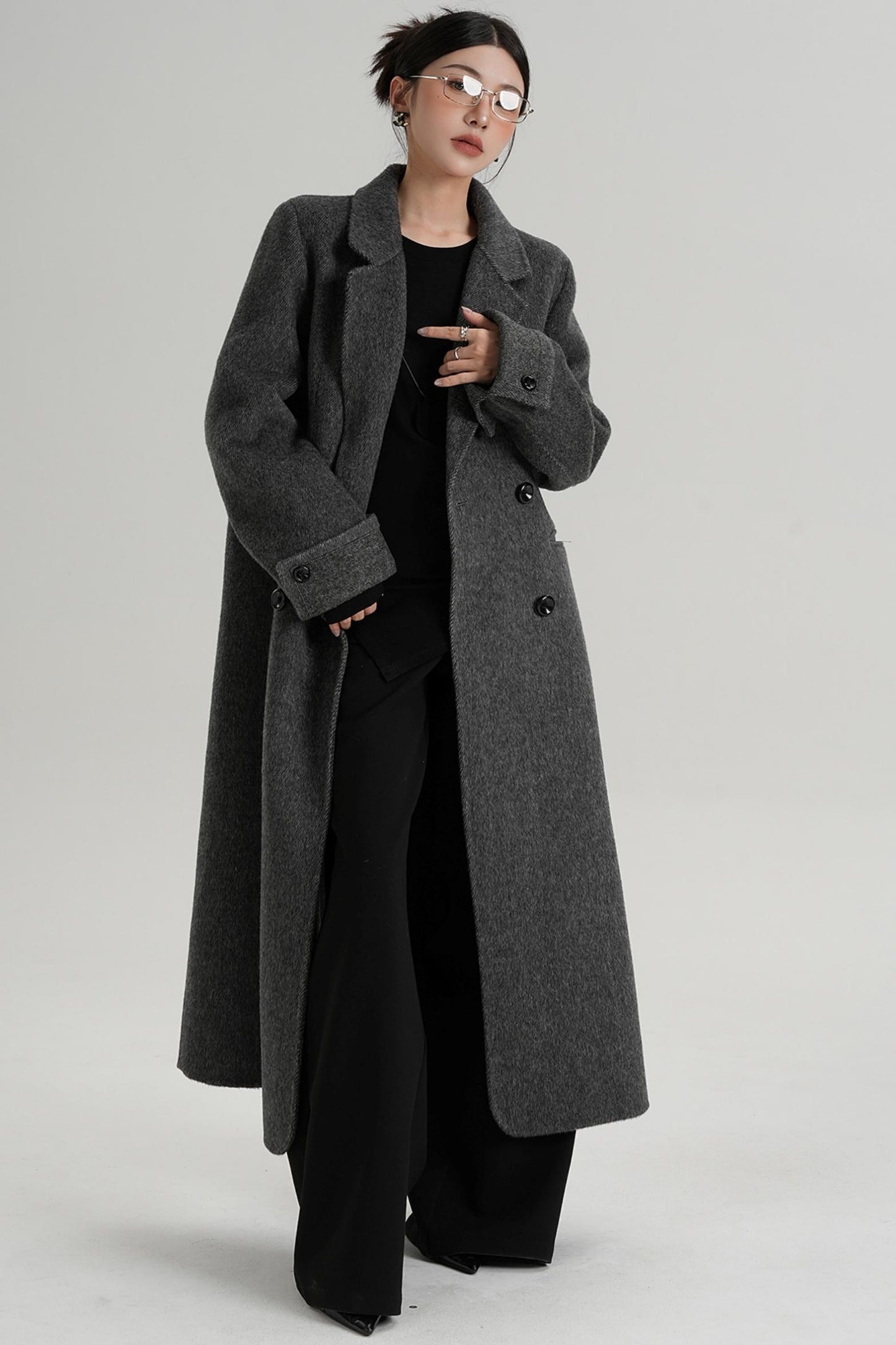 Turn-Sleeve Suit Collar Long Wool Coat