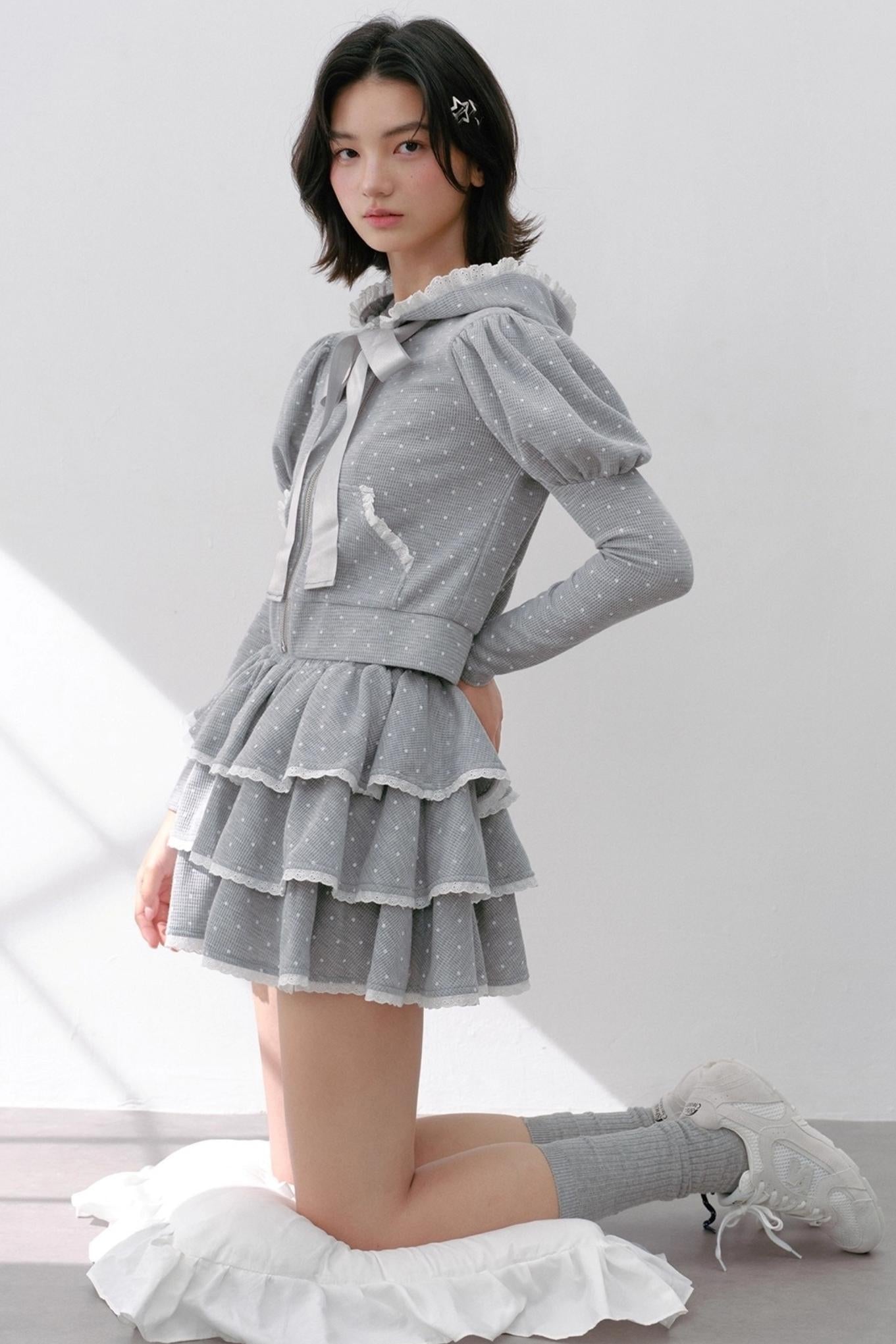 Hooded Polka Dot Tracksuit Skirt Set-Up