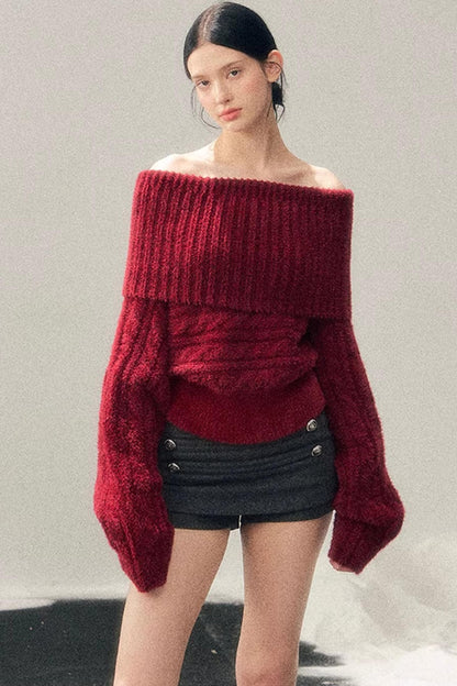 Off-Shoulder Cable Knit Sweater
