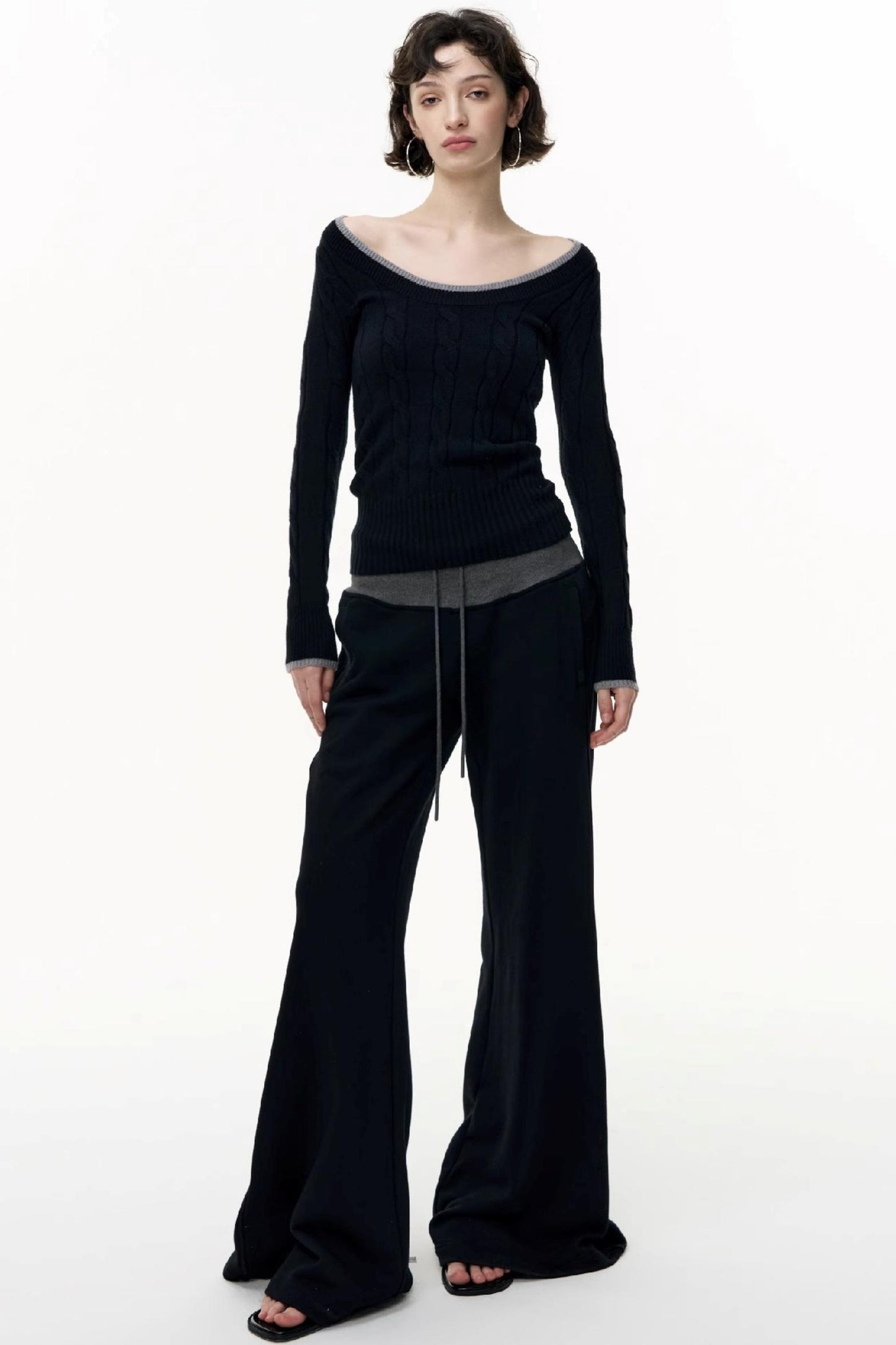 Drawstring Cotton Flared Sweatshirt Slacks