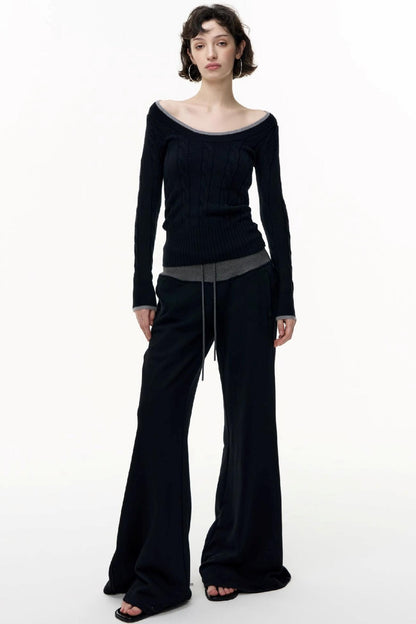 Drawstring Cotton Flared Sweatshirt Slacks