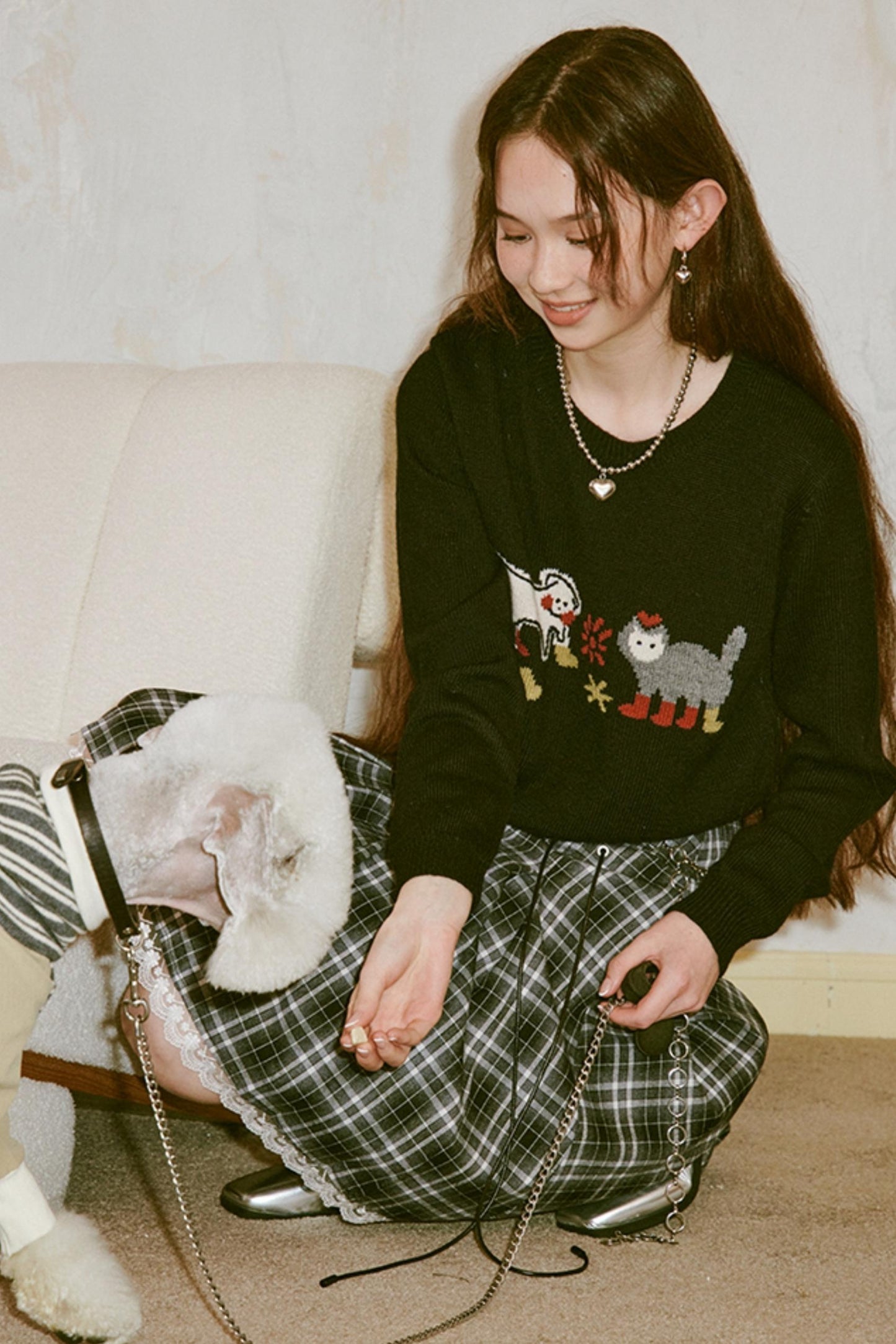 Kitten Puppy Embroidered Wool Blend Top