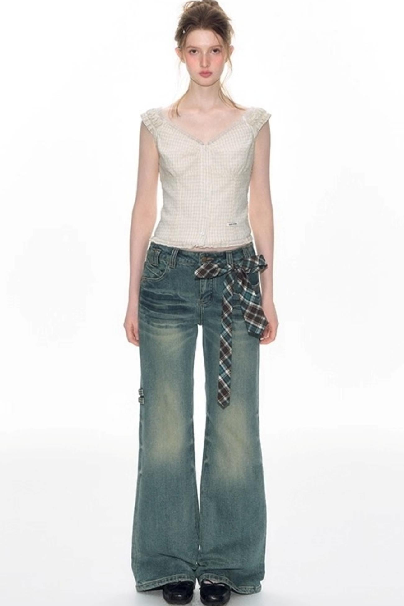 Checked Sleeveless One-Shoulder Shirt Set-Up