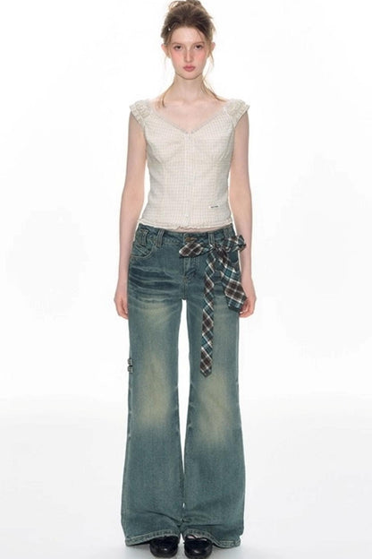 Checked Sleeveless One-Shoulder Shirt Set-Up