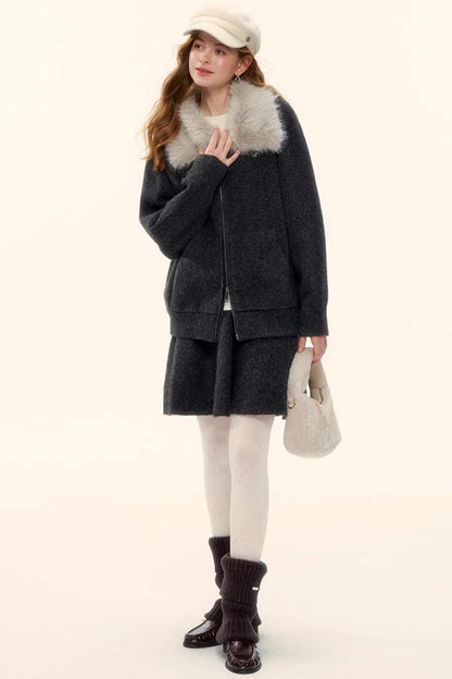 Wool Blend Lapel Fur Collar Coat Set-Up