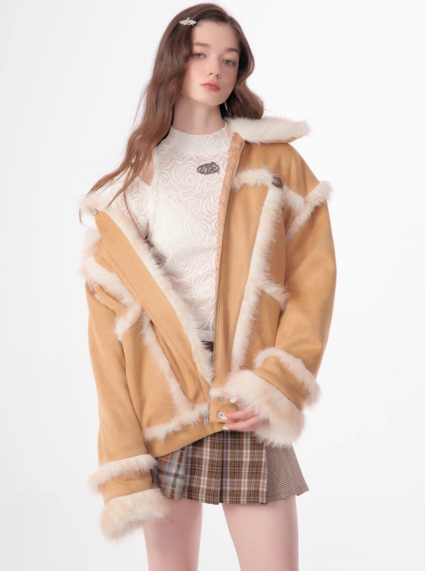 Lamb wool collar thickened pile suede jacket