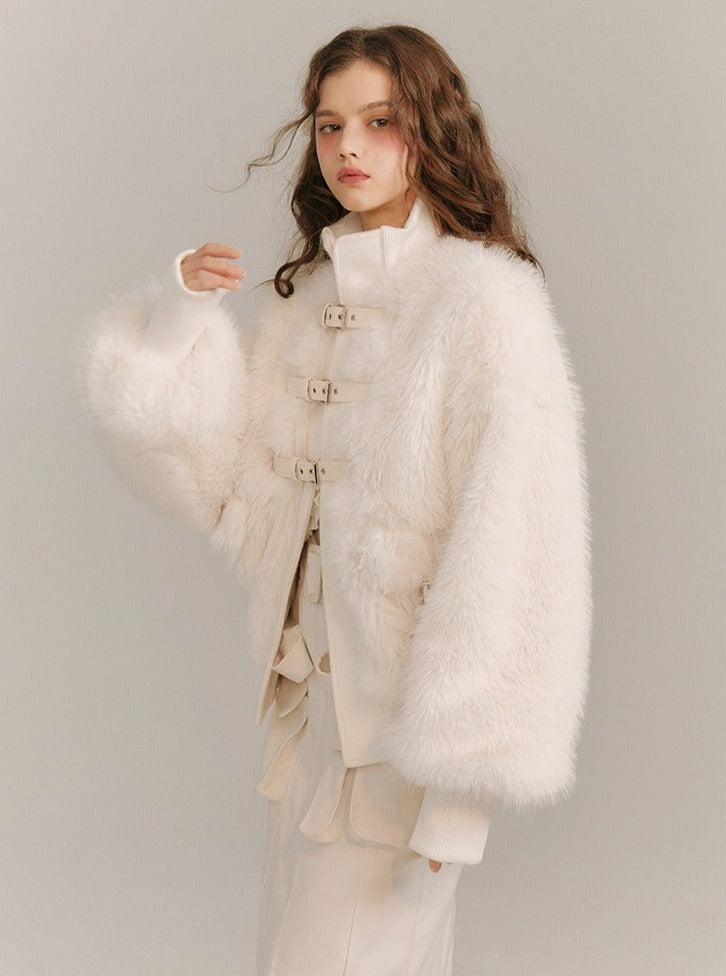 Leather Buckle Wrapping Loose Fur Jacket