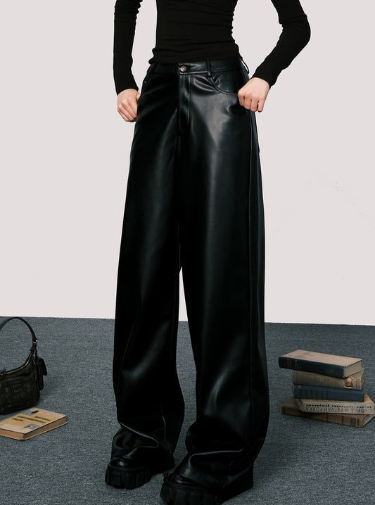 High waist wide leather pants