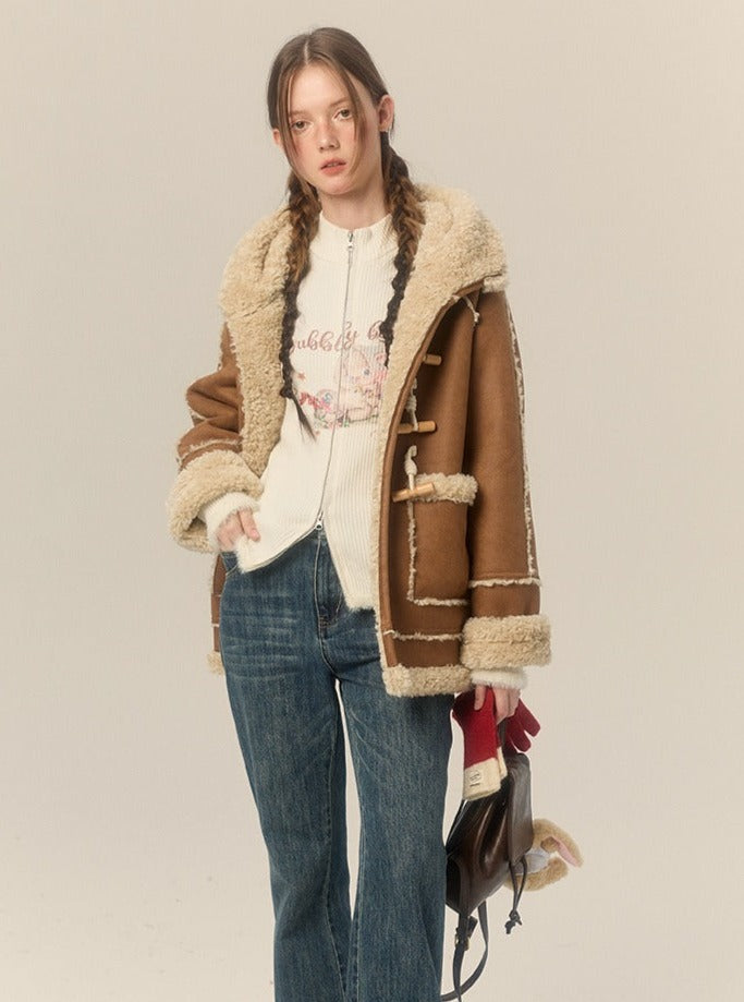 Hooded Horn Buckle Fur Jacket