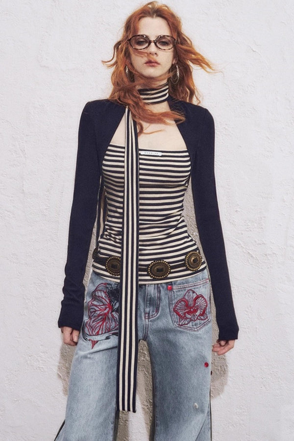 Fake Two Slimming Striped Knit Top