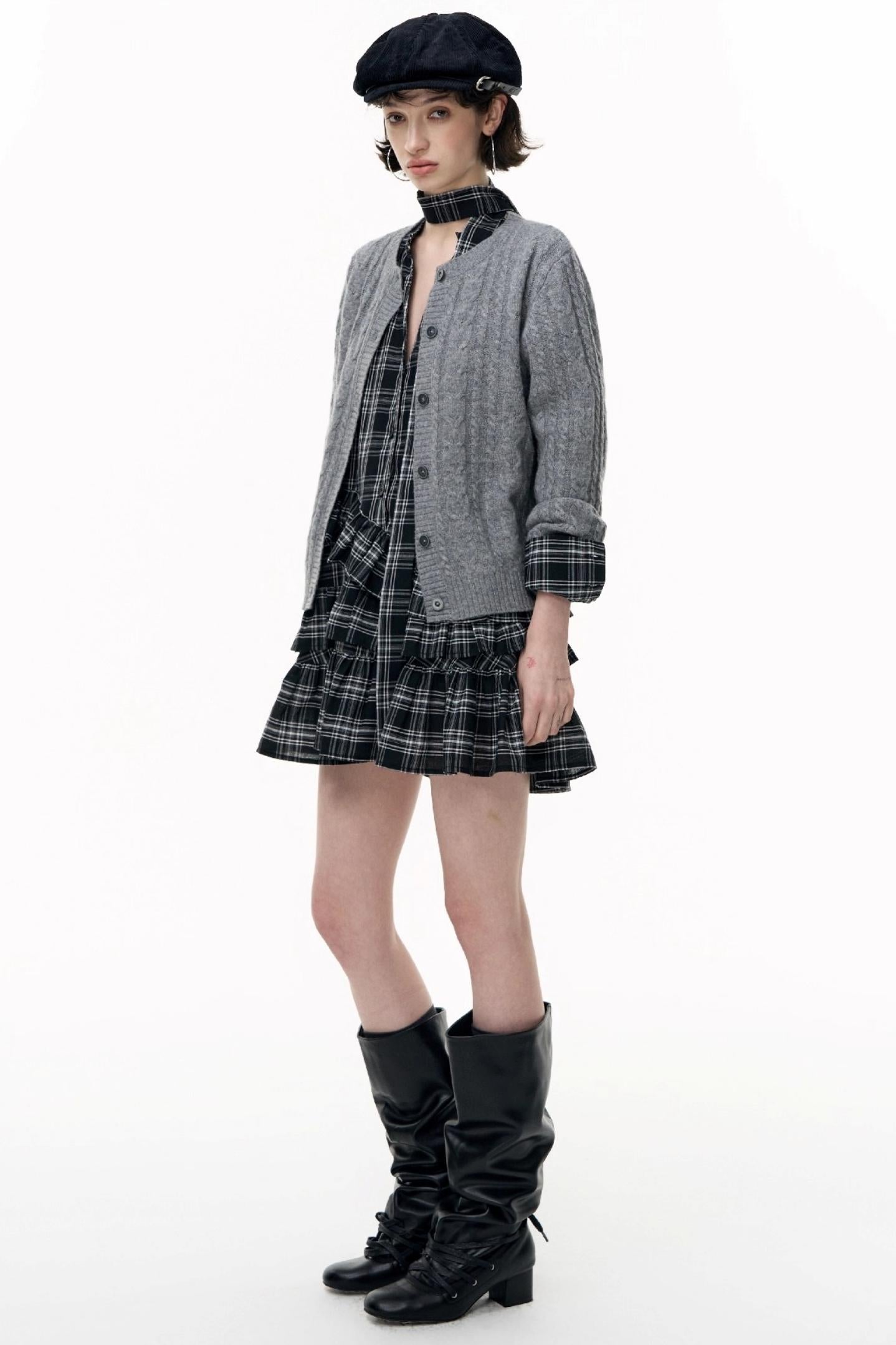 Plaid Ruffle Long Sleeve Shirt Dress
