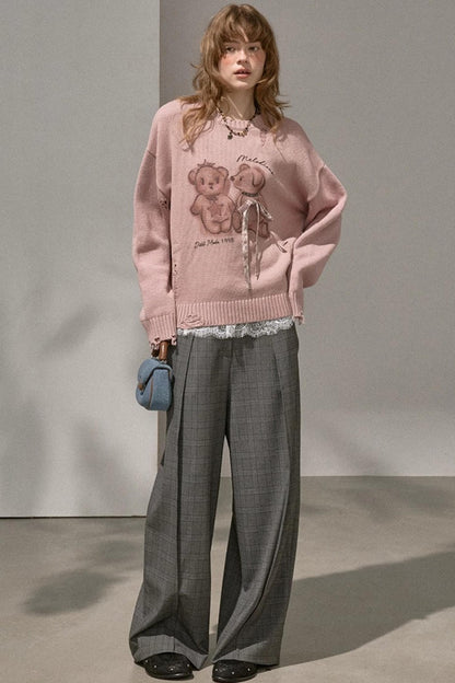 Kiss Bear Print Long Sleeve Sweater