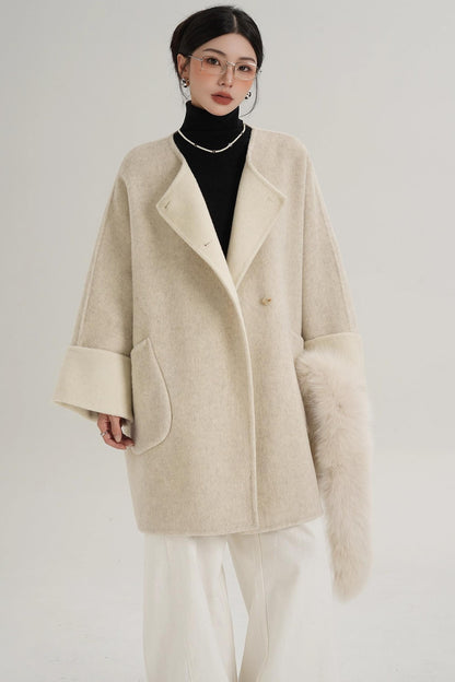 Elegant Fox Fur Collar Wool Cape Coat