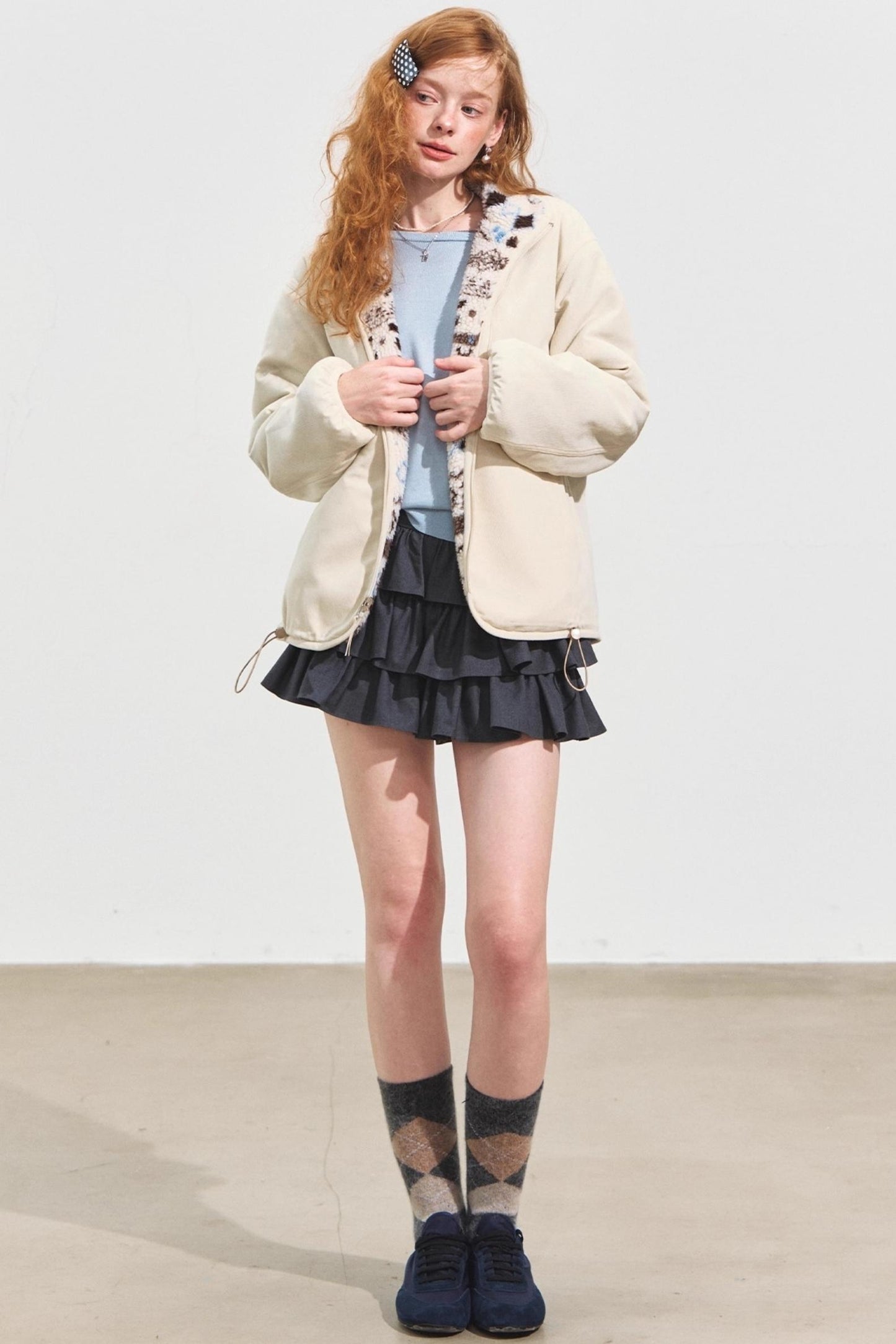 Fleece Jacquard Stand-Up Collar Coat