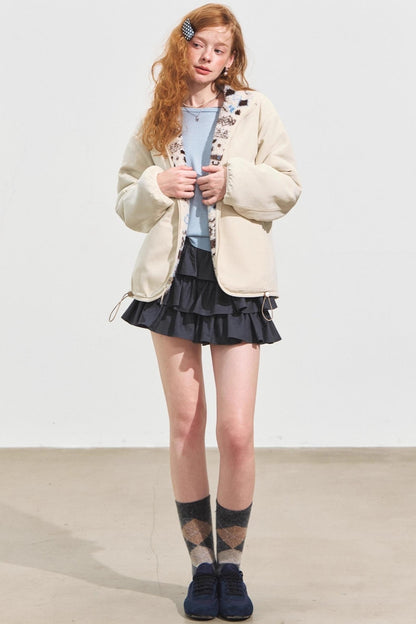 Fleece Jacquard Stand-Up Collar Coat