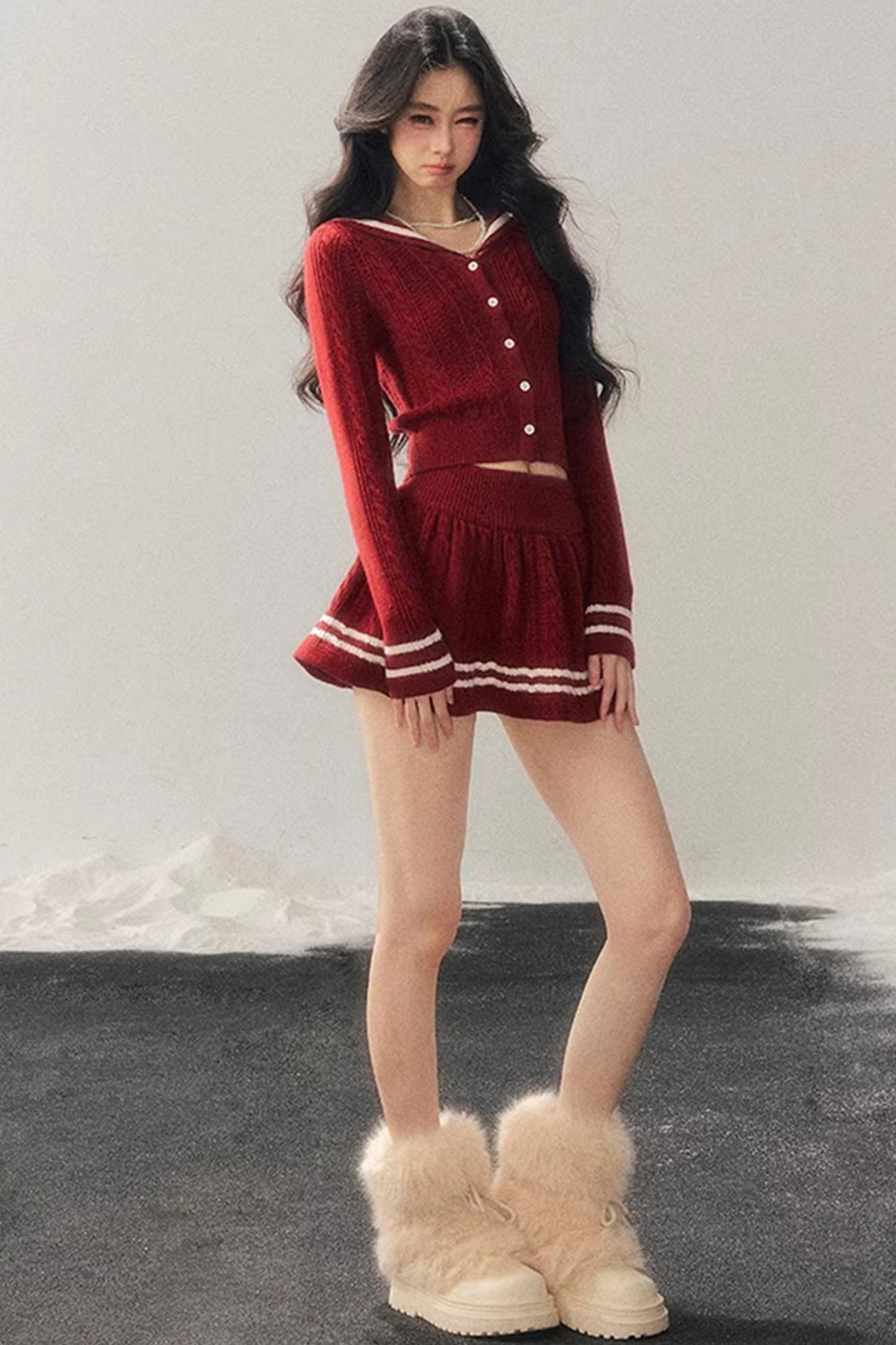 Red Evening Breeze Knitted Sweater Set-Up